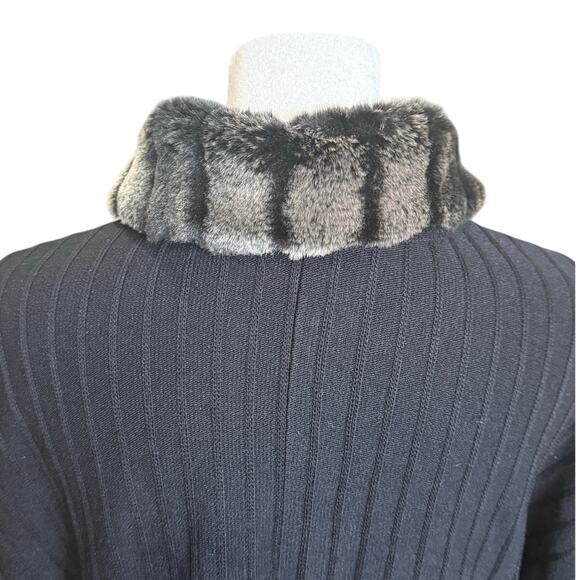 Ming Wang Open Knit Cardigan Women Large Black Faux Fur Trim Dolman Sleeves - Picture 7 of 11